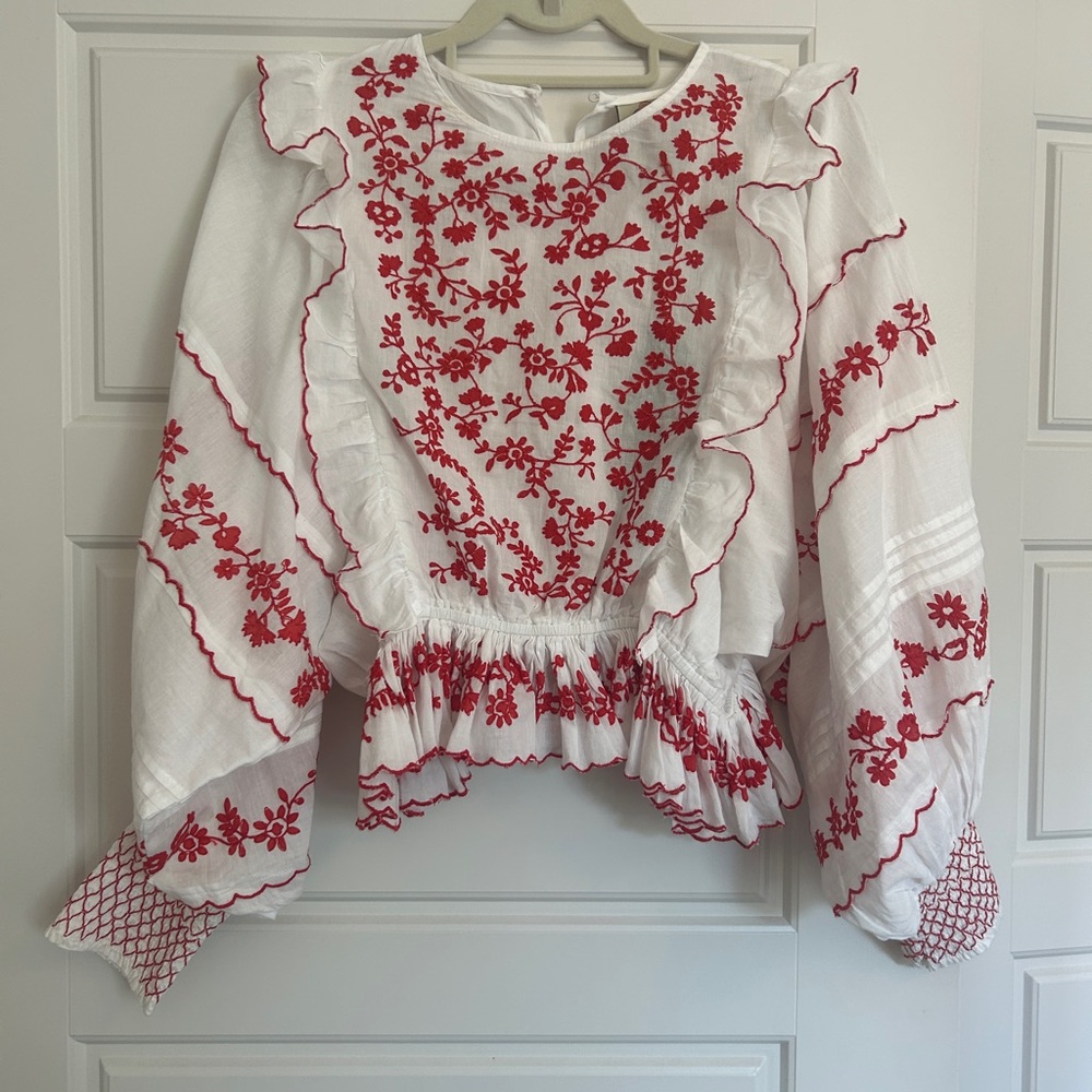 FARM Rio White Blouse with Red Floral Embroidery NWT Medium **make an offer